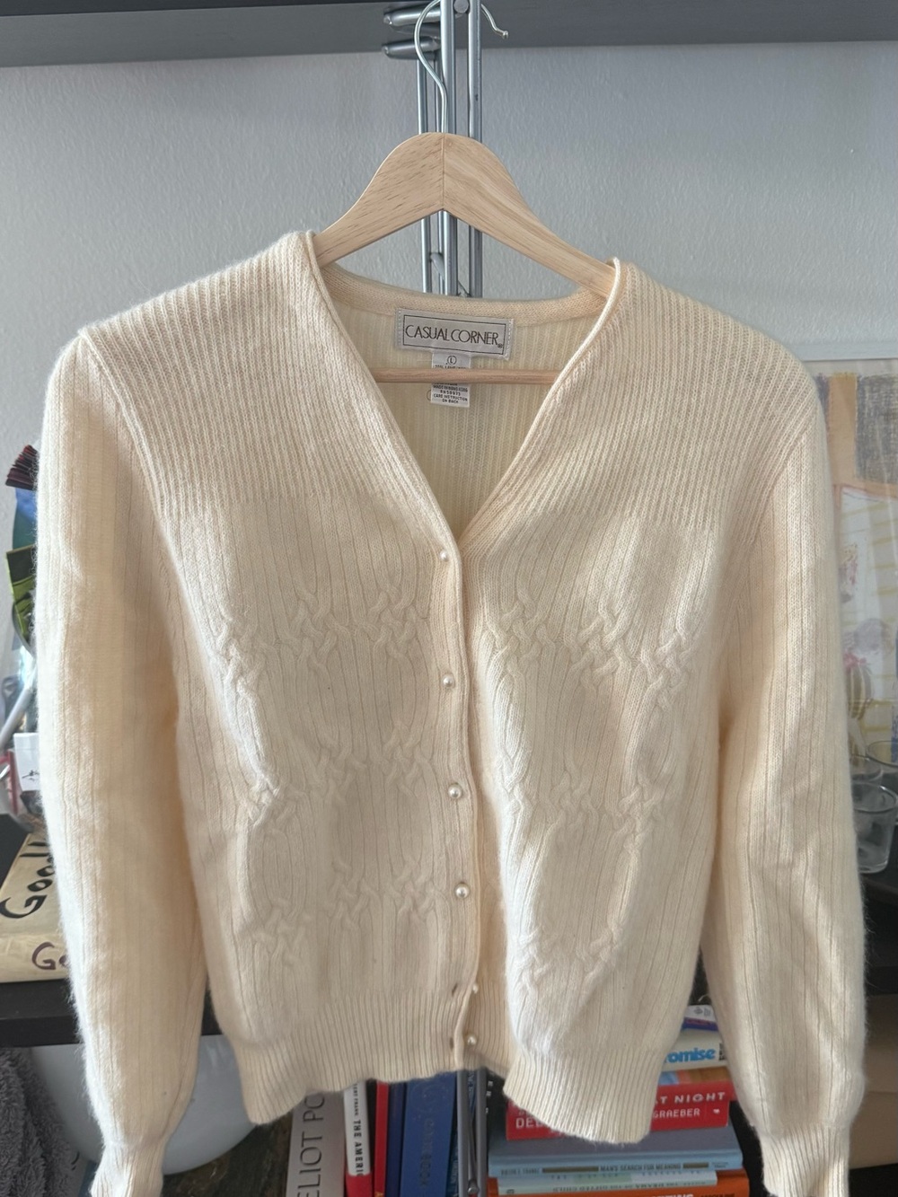 Casual Corner Light Cream Cable Knit Button-Front Cardigan
